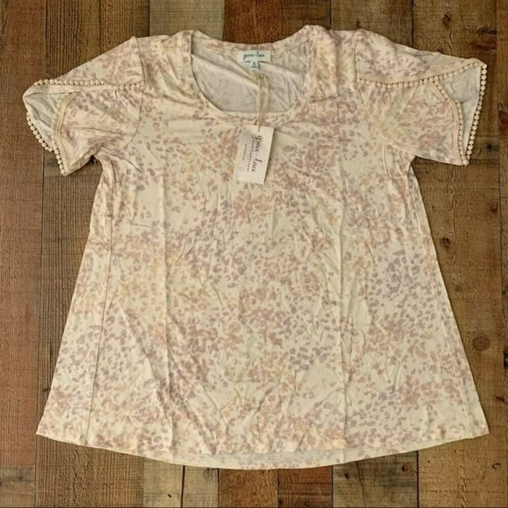 Grace and lace tulip embroidered lace sleeve tee blush pink animal print design
